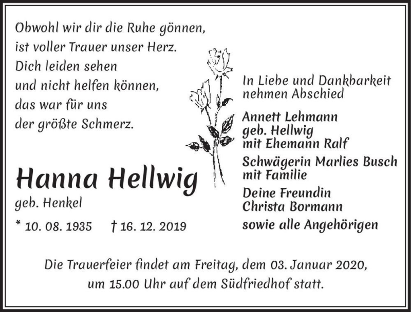  Traueranzeige für Hanna Hellwig (geb. Henkel)  vom 27.12.2019 aus Magdeburger Volksstimme