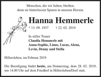 Traueranzeige von Hanna Hemmerle  von Magdeburger Volksstimme