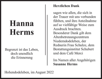 Traueranzeige von Hanna Herms  von Magdeburger Volksstimme