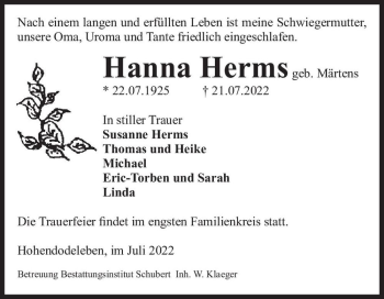 Traueranzeige von Hanna Herms (geb. Märtens)  von Magdeburger Volksstimme