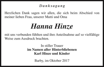Traueranzeige von Hanna Hinze  von Magdeburger Volksstimme