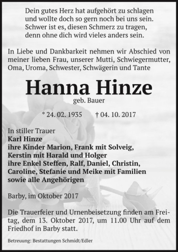 Traueranzeige von Hanna Hinze (geb. Bauer)  von Magdeburger Volksstimme