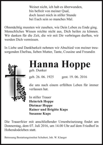 Traueranzeige von Hanna Hoppe (geb. Dunker)  von Magdeburger Volksstimme
