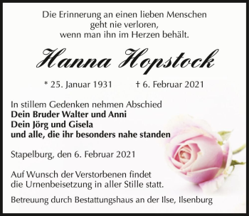 Traueranzeige von Hanna Hopstock  von Magdeburger Volksstimme