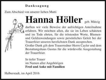 Traueranzeige von Hanna Höller (geb. Mätzig)  von Magdeburger Volksstimme