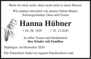Traueranzeige von Hanna Hübner  von Magdeburger Volksstimme