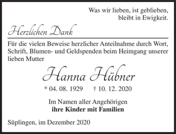 Traueranzeige von Hanna Hübner  von Magdeburger Volksstimme
