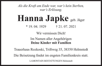 Traueranzeige von Hanna Japke (geb. Jäger)  von Magdeburger Volksstimme