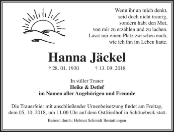 Traueranzeige von Hanna Jäckel  von Magdeburger Volksstimme
