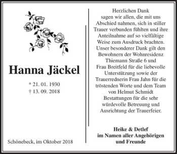 Traueranzeige von Hanna Jäckel  von Magdeburger Volksstimme