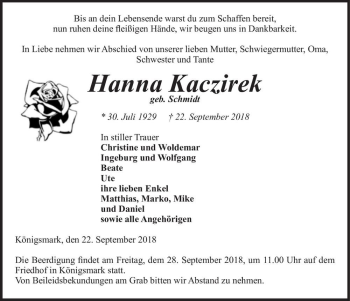 Traueranzeige von Hanna Kaczirek (geb. Schmidt)  von Magdeburger Volksstimme