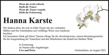 Traueranzeige von Hanna Karste  von Magdeburger Volksstimme