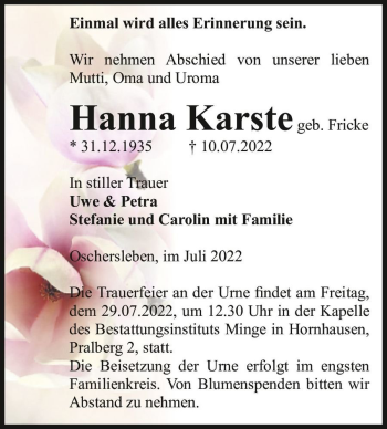 Traueranzeige von Hanna Karste (geb. Fricke)  von Magdeburger Volksstimme