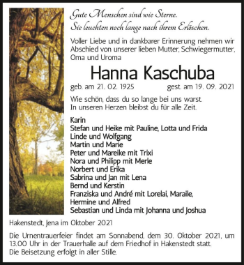 Traueranzeige von Hanna Kaschuba  von Magdeburger Volksstimme