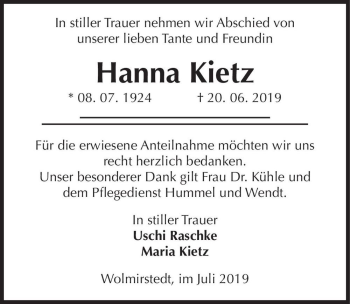 Traueranzeige von Hanna Kietz  von Magdeburger Volksstimme