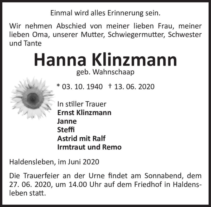  Traueranzeige für Hanna Klinzmann (geb. Wahnschaap)  vom 20.06.2020 aus Magdeburger Volksstimme