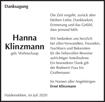 Traueranzeige von Hanna Klinzmann (geb. Wahnschaap)  von Magdeburger Volksstimme