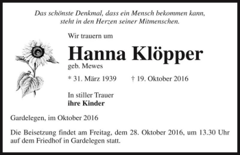 Traueranzeige von Hanna Klöpper (geb. Mewes)  von Magdeburger Volksstimme