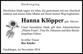 Traueranzeige von Hanna Klöpper (geb. Mewes)  von Magdeburger Volksstimme