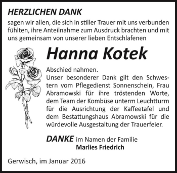 Traueranzeige von Hanna Kotek  von Magdeburger Volksstimme