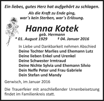 Traueranzeige von Hanna Kotek (geb. Hermann)  von Magdeburger Volksstimme
