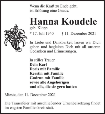Traueranzeige von Hanna Koudele (geb. Klopp)  von Magdeburger Volksstimme