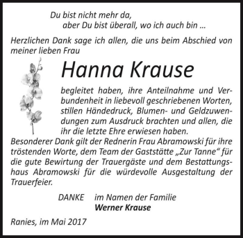 Traueranzeige von Hanna Krause  von Magdeburger Volksstimme
