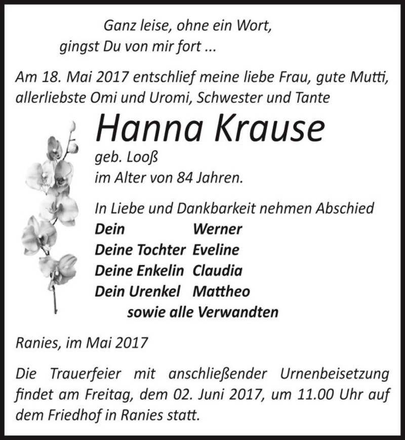  Traueranzeige für Hanna Krause (geb. Looß)  vom 20.05.2017 aus Magdeburger Volksstimme