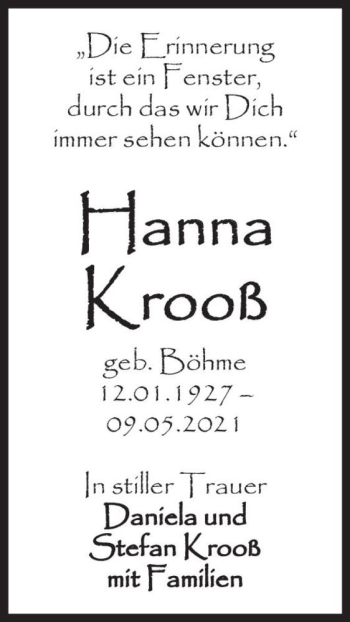 Traueranzeige von Hanna Krooß (geb. Böhme)  von Magdeburger Volksstimme