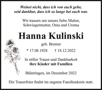 Traueranzeige von Hanna Kulinski (geb. Bremer)  von Magdeburger Volksstimme