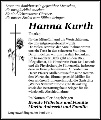 Traueranzeige von Hanna Kurth  von Magdeburger Volksstimme
