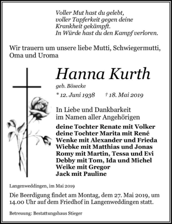 Traueranzeige von Hanna Kurth (geb. Bösecke)  von Magdeburger Volksstimme