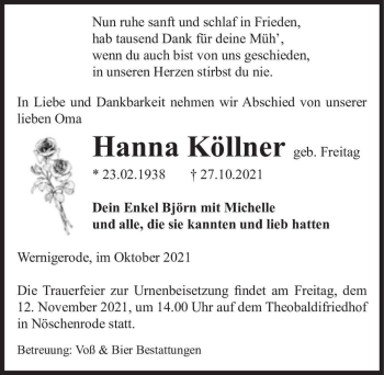 Traueranzeige von Hanna Köllner (geb. Freitag)  von Magdeburger Volksstimme