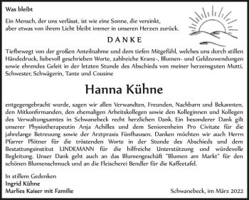 Traueranzeige von Hanna Kühne  von Magdeburger Volksstimme