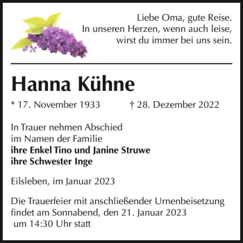 Traueranzeige von Hanna Kühne  von Magdeburger Volksstimme