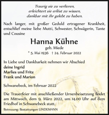 Traueranzeige von Hanna Kühne (geb. Miede)  von Magdeburger Volksstimme