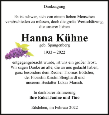 Traueranzeige von Hanna Kühne (geb. Spangenberg)  von Magdeburger Volksstimme