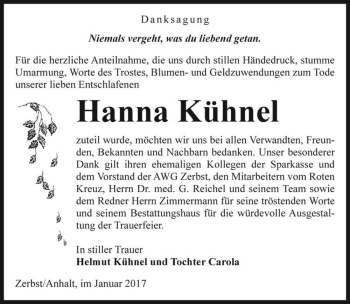 Traueranzeige von Hanna Kühnel  von Magdeburger Volksstimme