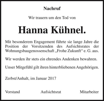 Traueranzeige von Hanna Kühnel  von Magdeburger Volksstimme