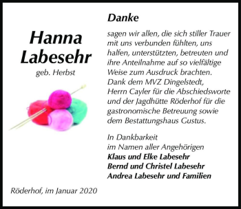 Traueranzeige von Hanna Labesehr (geb. Herbst)  von Magdeburger Volksstimme