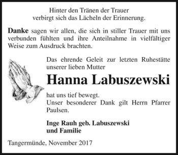 Traueranzeige von Hanna Labuszewski  von Magdeburger Volksstimme