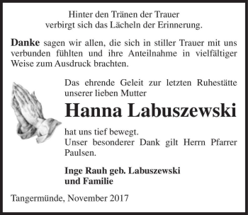 Traueranzeige von Hanna Labuszewski  von Magdeburger Volksstimme