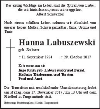 Traueranzeige von Hanna Labuszewski (geb. Zeckwer)  von Magdeburger Volksstimme