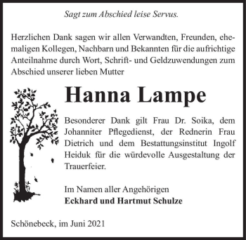 Traueranzeige von Hanna Lampe  von Magdeburger Volksstimme
