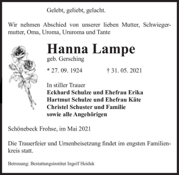 Traueranzeige von Hanna Lampe (geb. Gersching)  von Magdeburger Volksstimme