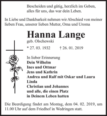 Traueranzeige von Hanna Lange (geb. Olschewski)  von Magdeburger Volksstimme