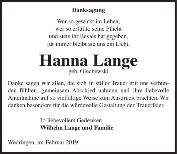 Traueranzeige von Hanna Lange (geb. Olschewski)  von Magdeburger Volksstimme