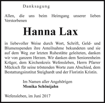 Traueranzeige von Hanna Lax  von Magdeburger Volksstimme