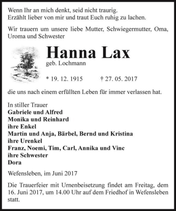 Traueranzeige von Hanna Lax (geb. Lochmann)  von Magdeburger Volksstimme