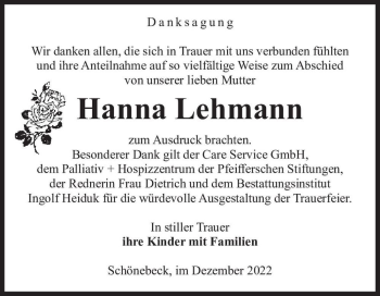Traueranzeige von Hanna Lehmann  von Magdeburger Volksstimme